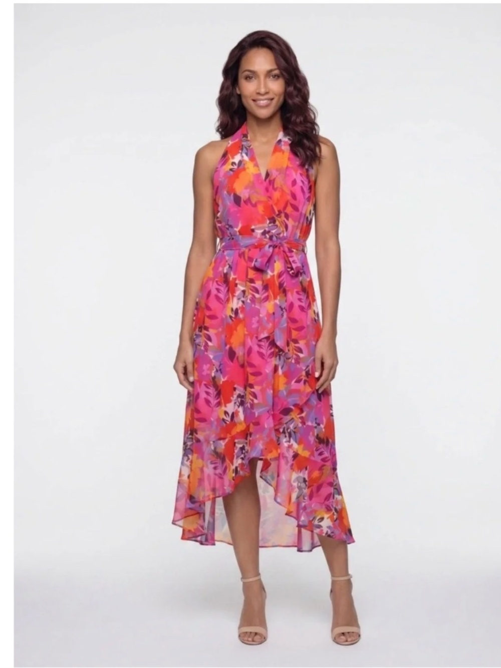 JULIA JORDAN: Floral Halter Neck High-low Chiffon Dress In Fuchsia Multi (NWT)